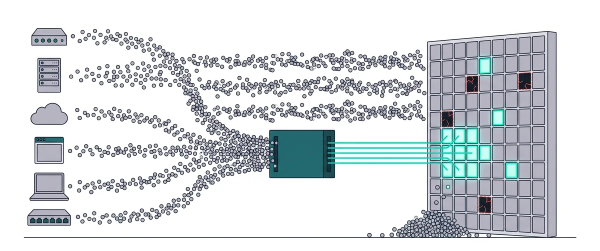 Six source devices on the left, a firewall, a server, a cloud, an application window, a laptop and a network switch, each send a stream of grey dots to the right. The three upper streams stay tangled and reach a tall grid of square cells where only two cells light up and four cells are dark and cracked with red edges, while surplus dots pile up on the ground at the foot of the grid. The three lower streams pass through a dark teal pipeline block and leave it as neat luminous teal threads that light up a cluster of cells on the grid.