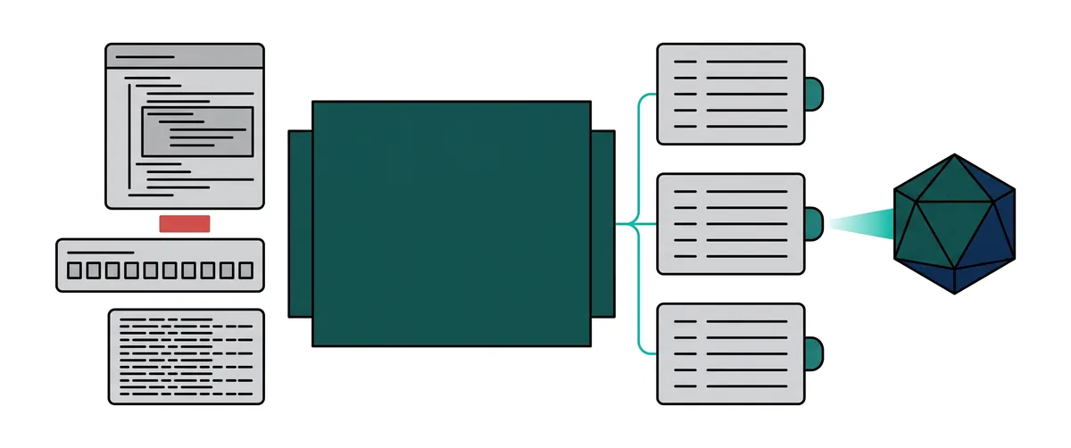 Three grey event cards of very different shapes, with a red gap mark between two of them, enter a large dark teal pipeline stage. Three identical clean cards with the same rows and teal tabs come out, and a faceted teal agent core reads them with one narrow beam.