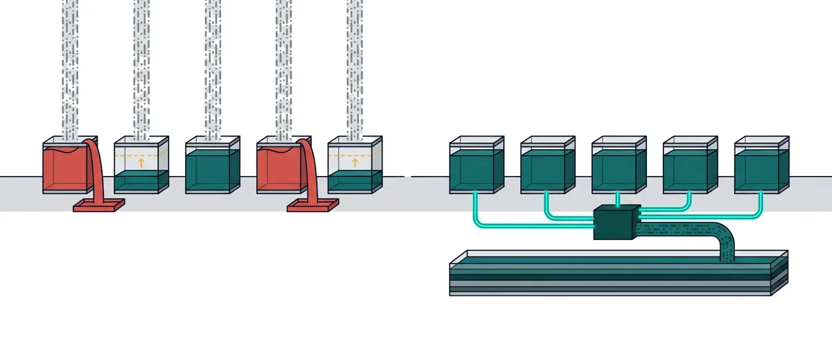 Five separate glass tanks on the left, two overflowing into red spill trays and two mostly empty below a dashed level mark. On the right the same five tanks are fed evenly through one dark teal pipeline stage that sends the bulk of the stream down into a wide layered storage slab.