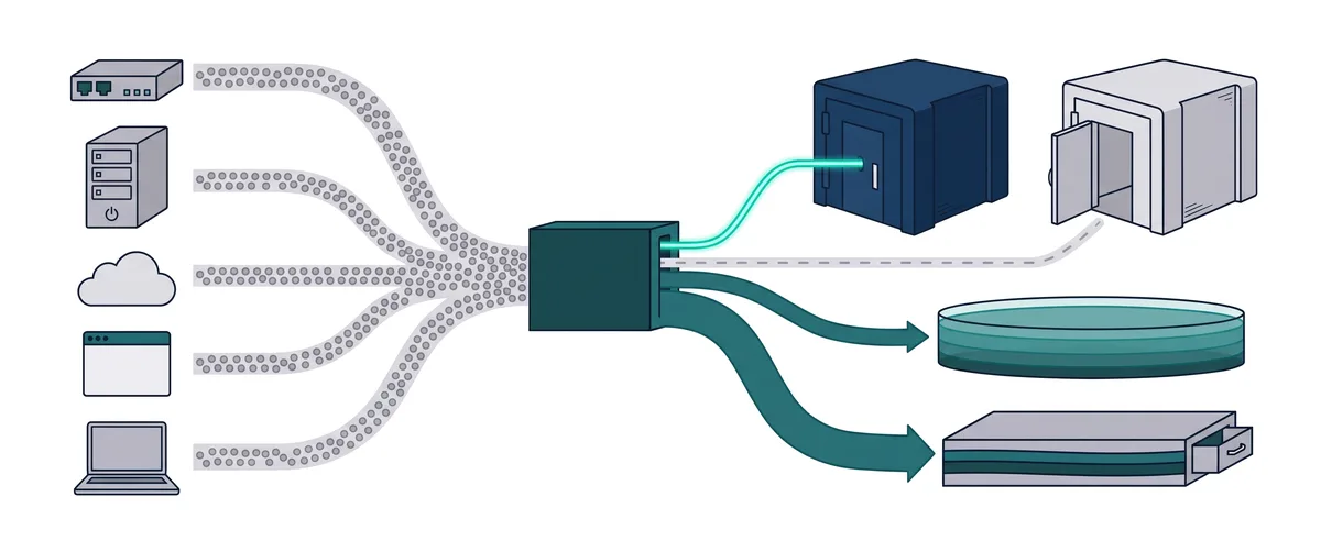 Five source devices on the left, a firewall, a server, a cloud, an application window and a laptop, send streams of grey dots into one dark teal pipeline block. Out of the block, a thin luminous teal stream enters a heavy navy vault through its single narrow door. Beside it stands a second vault of the same shape in pale grey, empty, its door open, with a dashed grey track running to it from the pipeline and nothing on it yet. Below, a medium teal stream fills a wide shallow basin like a lake, and a broad teal stream runs into a long layered storage slab with an open drawer.